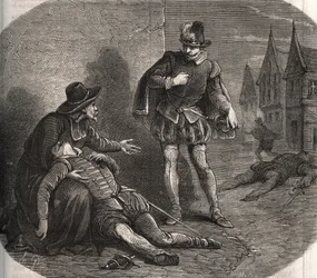 Un émissaire du roi de France Henri III (1551-1589) fut retrouvé mourant dans les rues de Rome en 1582. Il portait un message compromettant du roi concernant sa sœur, Marguerite de Valois (1553-1615), dite la reine Margot. Gravure de 1871 dans "Histoire De
