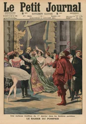 Une étrange tradition du 1er janvier dans les théâtres parisiens, le « Baiser du pompier », illustration de couverture du Petit Journal, supplément illustré, 4 janvier 1914