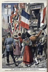 Un vieux soldat français dans Strasbourg occupé par les Allemands est autorisé à afficher le drapeau français - « Le Petit Journal » du 20 septembre 1908 (gravure)