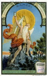 Divinité antique tenant un sablier comme symbole du temps qui passe pour illustrer le samedi. Carte publicitaire chromolithographique Liebig