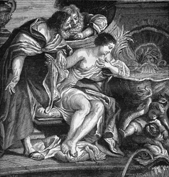 Égypte ancienne : Khéops aurait prostitué sa fille pour payer la construction des Pyramides (proxénétisme). Gravure dans « L