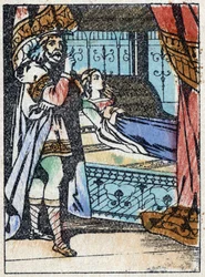 Illustration anonyme pour « La Belle au bois dormant », conte de Charles Perrault (1628-1703), écrivain français. Gravure sur bois de l