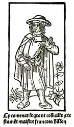 Portrait apocryphe du poète François Villon dans « Le Grand Testament » - « Cy commence le grand codicille & testament maître François Villon » (ici commence le grand codicille et testament) édition P Levet 1489 (gravure sur bois)