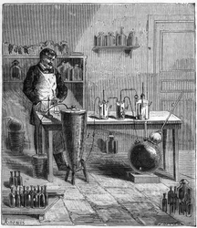 Appareil par Eugène Soubeiran (1797-1858) pour la préparation du bicarbonate de soude - Gravure dans «Sciences à la portée de tous - Physique et chimie populaires» par Alexis Clerc - Fin du 19e siècle - Collection privée