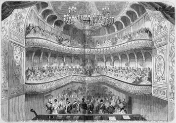 Architecture : vue intérieure du théâtre (XVIIIe siècle) du palais de Fontainebleau. Gravure dans « Le Monde Illustré » n°61 du 12 juin 1858.