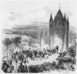 Armée des Templiers entrant dans le Temple à Paris, illustration pour une Histoire de France, milieu du 19ème siècle