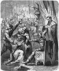 Arrestation de Brisson et Larcher, deux ligueurs violents de la guerre civile au XVIe siècle. Dans "Histoire Populaire de la France", vers 1885. Gravure.