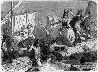 Arrivée des Normands sur la côte française au Moyen Âge. Gravure dans « Histoire des Papes-Rois-Reines et Empereurs à travers les siècles » de Maurice Lachatre.