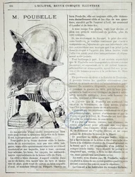 Article et caricature sur Eugène Poubelle (1831-1907), préfet de la Seine et inventeur des poubelles en 1884. 10/04/1885. Paris, préfecture de police