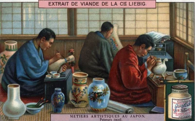 Métiers artistiques au Japon : peinture sur émail. Chromolithographie de Liebig, 20e siècle.
