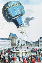 Ascension du ballon à air chaud des frères Montgolfier devant la famille royale à Versailles en 1783 (gravure en couleur)