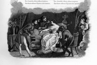 Asmodée. Une belle jeune femme dans un salon courtisée par trois prétendants dont un dandy et un soldat. Gravure dans « Chants et chansons populaires de la France », Tome 2