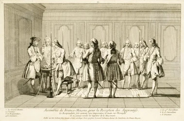 Assemblée de Francs-Maçons pour initier un apprenti, tiré de Les Cérémonies de la Religion et de la Coutume, c.1733