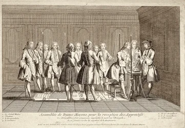 Assemblée de francs-maçons pour la réception des apprentis (gravure)