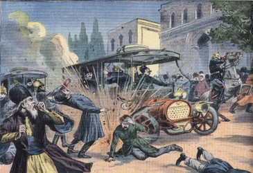 Attaque contre le Shah de Perse Mohammad Ali Shah Qajar (1872-1925). Gravure du journal "Le Petit Parisien"