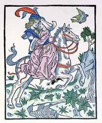 Aucassin et Nicolette sur un cheval, du chantefable du début du XIIIe siècle Aucassin et Nicolette