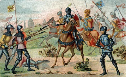 Bataille de Roosebeke le 27 novembre 1382 (Rozebeke, Belgique). Chromolithographie de la fin du 19e siècle.