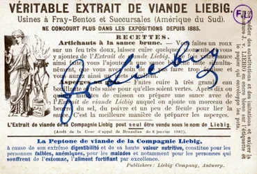 Dos de la carte Liebig avec la recette des artichauts à la sauce brune. Chromolithographie publicitaire
