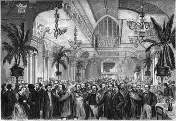 Banquet du journal « Le Figaro », donné le 6 février 1864 dans le salon du Restaurant du Passage des Princes à Paris, auquel assistent journalistes, écrivains, artistes... Sont présents, de gauche à droite : Nestor Roqueplan, Mme Ugalde, de Montaut, Peter