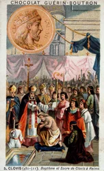 Baptême et sacre de Clovis dans la cathédrale de Reims, le 25 décembre 496, par saint Remi, évêque de Reims.