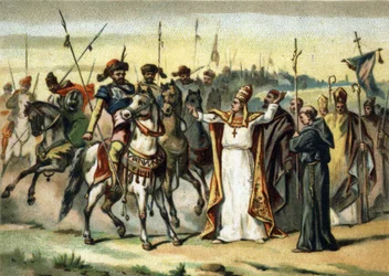 Invasions barbares - Attila et Saint Léon I le Grand (440-461) : le barbare Attila, chef des Huns, rencontre le pape Saint Léon le Grand qui réussit à le convaincre d