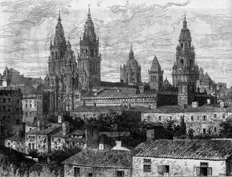 Art baroque : vue de la cathédrale de Saint-Jacques-de-Compostelle. Espagne. Gravure dans « Le Monde Illustré » n°1220 du 14 août 1880