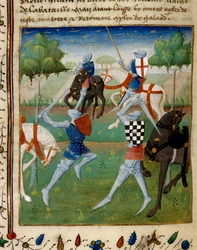 Bataille entre le chevalier Palamède et Artus (ou Arthur) le petit. Miniature tirée du manuscrit « Le roman de Tristan » dirigé par le Maître Charles du Maine