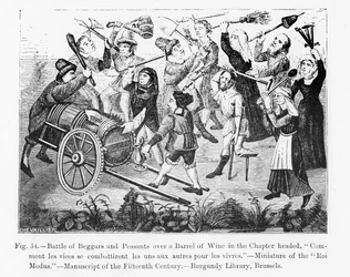 Bataille de mendiants et de paysans pour un tonneau de vin, du Livre du Roi Modus, illustration de Science et Littérature au Moyen Âge et à la Renaissance, écrit et gravé par Paul Lacroix