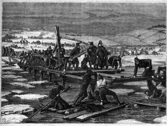 Bataille de la Bérézina, 26-29 novembre 1812, une défaite catastrophique pour Napoléon lors de sa retraite de Russie - campagne de Russie, retraite : construction de deux ponts sur la Bérézina par les sapeurs-pontonniers de la Grande Armée sous la