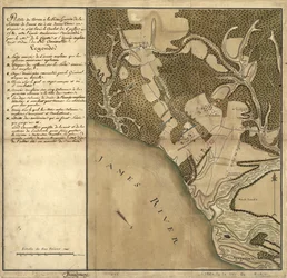 Bataille de Green Spring, carte des terres sur la rive gauche de la James River en face de Jamestown en Virginie où la bataille du 6 juillet a eu lieu