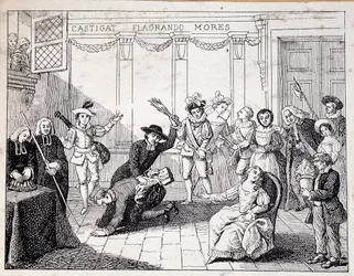 Beaumarchais fouettant à Saint Lazare - scène de fustigation par Beaumarchais, tenant en main la brochure de la Folle journée - d