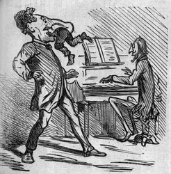 Avant de chanter la musique de M. Offenbach, le ténor Hyacinthe se fait taper pour soulager ses notes aiguës. Le compositeur français naturalisé allemand Jacques Offenbach (1819-1880) jouant du piano et Louis Hyacinthe Duflost, dit Hyacinthe