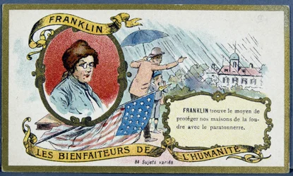 Benjamin Franklin, homme politique et physicien américain (1706-1790) et le paratonnerre - chromo., début 20ème siècle