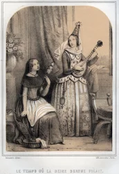 Berthe de Souabe (Bourgogne) dite la Filandière ou la reine fileuse (907-966) - Gravure dans "Le Sourire de mon oncle - Mémoires et récits de voyages" par Moring Michel - Fin XIXe siècle