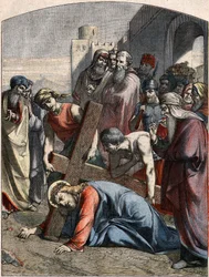 Scène biblique - Chemin de Croix : Jésus tombe pour la première fois. Gravure dans « Le Pèlerin » du 3 mai