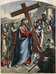 Scène biblique - Chemin de croix : Jésus porte la croix. Gravure dans "Le Pèlerin" du 3 mai