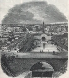 Vue aérienne du Canal Saint-Martin, de la Place et du quartier de la Bastille, prise de la rive droite de la Seine - Gravure dans « Tableau-de-Paris » par Edmond Texier 1852