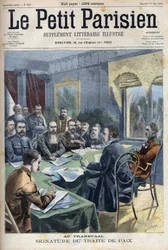 Guerre des Boers. La signature du traité de paix du Transvaal entre les chefs boers et le général britannique Horatio Herbert Kitchener (1850-1916) à Pretoria, Afrique du Sud. Gravure dans "Le Petit Parisien"