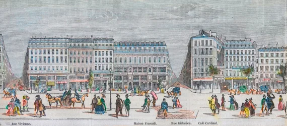 Boulevard Montmartre côté sud et boulevard des Italiens côté sud - Rue Vivienne - Maison Frascati - Rue Richelieu - Café Cardinal - Gravure dans « Tableau-de-Paris » par Edmond Texier 1852