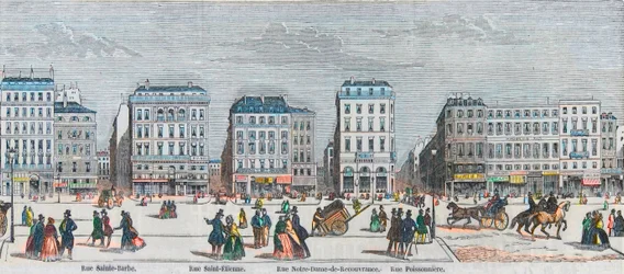 Boulevard Poissonnière - Rue Saint-Barbe - Rue Saint-Étienne - Rue Notre-Dame de Reouvrance - Rue Poissonnière - Gravure dans « Tableau-de-Paris » par Edmond Texier 1852