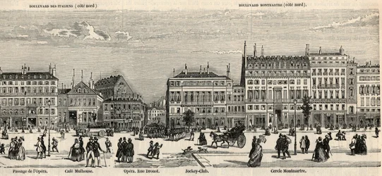 Boulevard des Italiens et boulevard Montmartre - Café Mulhouse - Cercle Montmartre - Jockey club - Gravure dans "Tableau de Paris" par Edmond Texier 1852