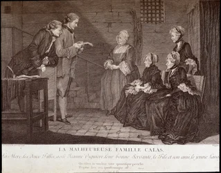 Affaire Calas : La malheureuse famille de Jean Calas (mort en 1762) : la mère, les deux filles, avec Jeanne Viguière, leur bonne servante, le fils et son ami, v.1762
