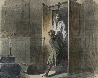 Affaire Calas : le 13 octobre 1761, Marc Antoine Calas est trouvé pendu dans la boutique familiale à Toulouse - Gravure dans « Causes célèbres de tous les peuples » par Armand Fouquier (1817-18?) 1858-1867 - collection privée