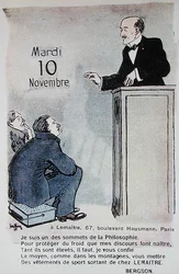 Calendrier de 1914 faisant la publicité des vêtements de sport avec une caricature du philosophe français Henri Bergson (1859-1941)