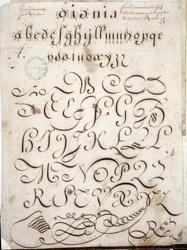 Calligraphie : Pièce manuscrite de ronde sur vélin ornée d
