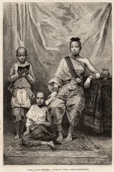 Femme cambodgienne et enfants, gravure d