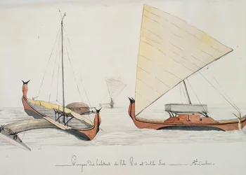 Canoës des habitants des îles Pis et Iros (îles Carolines), aquarelle par Jules-Louis Lejeune, du Voyage de Duperrey
