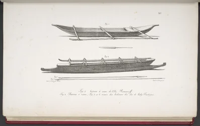 [Canoës des îles Marshall, et un canoë et des armes des îles Cook], de Voyage pittoresque autour du monde, avec des portraits de sauvages d