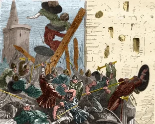 Prise de Carcassonne lors de la croisade contre les Albigeois en août 1209. Gravure dans "Histoire De France En Cent Tableaux" par Paul Lehugeur - 1891