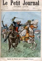 Capture de Samory Touré (vers 1830-1900), chef soudanais et adversaire de la colonisation française en Afrique, par le capitaine Gouraud et le lieutenant Jacquin. Soudan